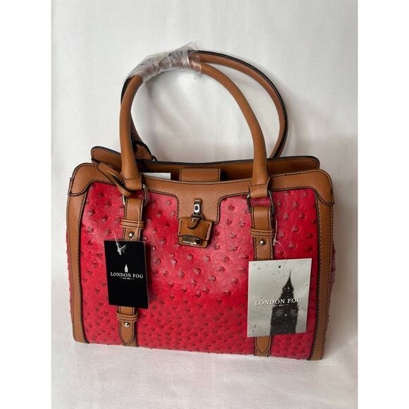 London Fog Handbag Red Ostrich Faux Leather Snap Satchel Top Handle Bag NEW